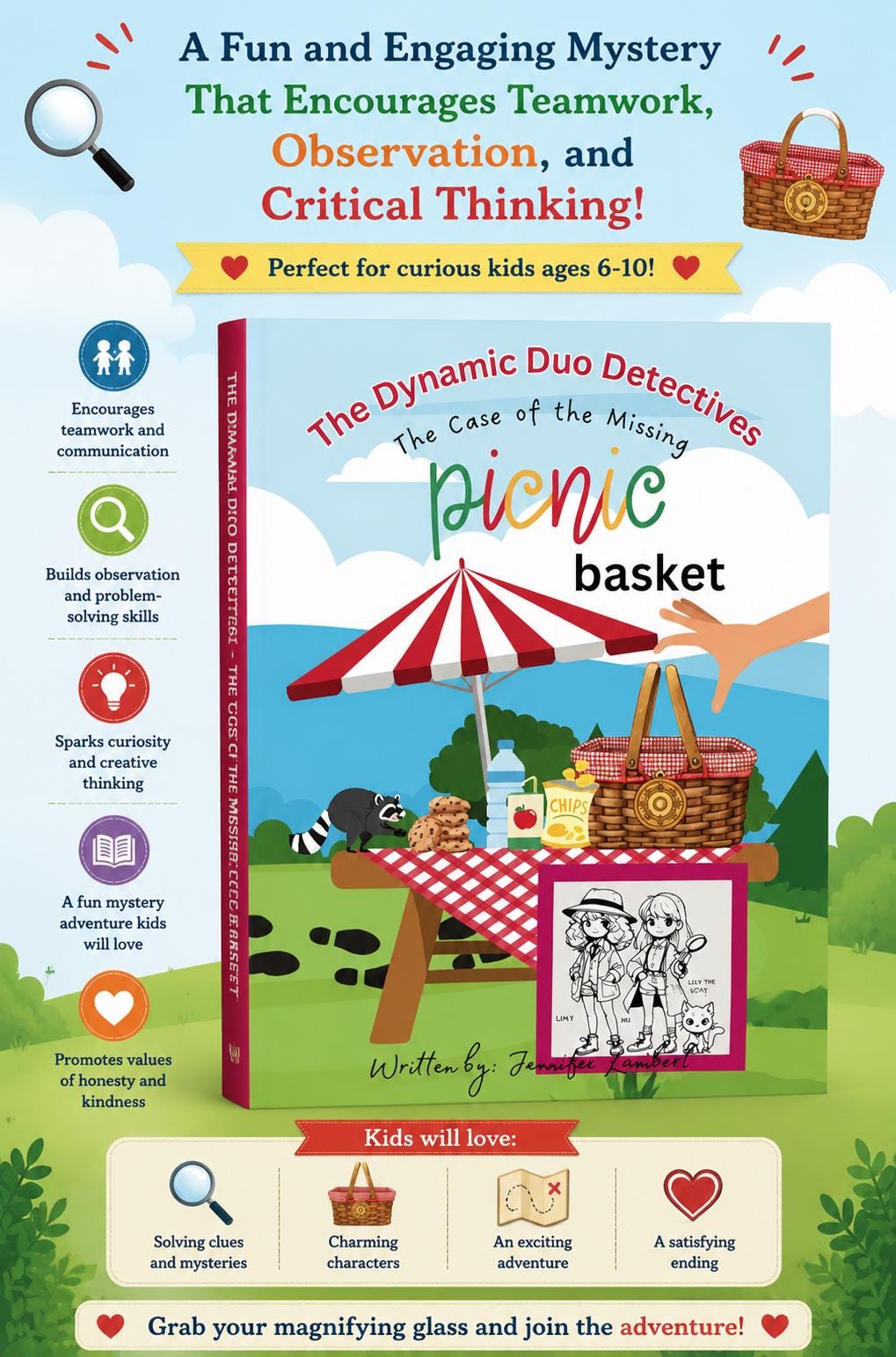 Girls The Dynamic Duo Detectives: The Case of the Missing Picnic Basket, Signed Mystery Book for Kids, Personalized Detective Adventure