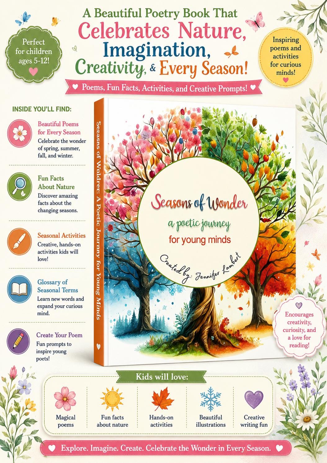 Seasons of Wonder A Poetic Journey for Young Minds, Signed Children’s Poetry Book, Personalized Gift for Kids