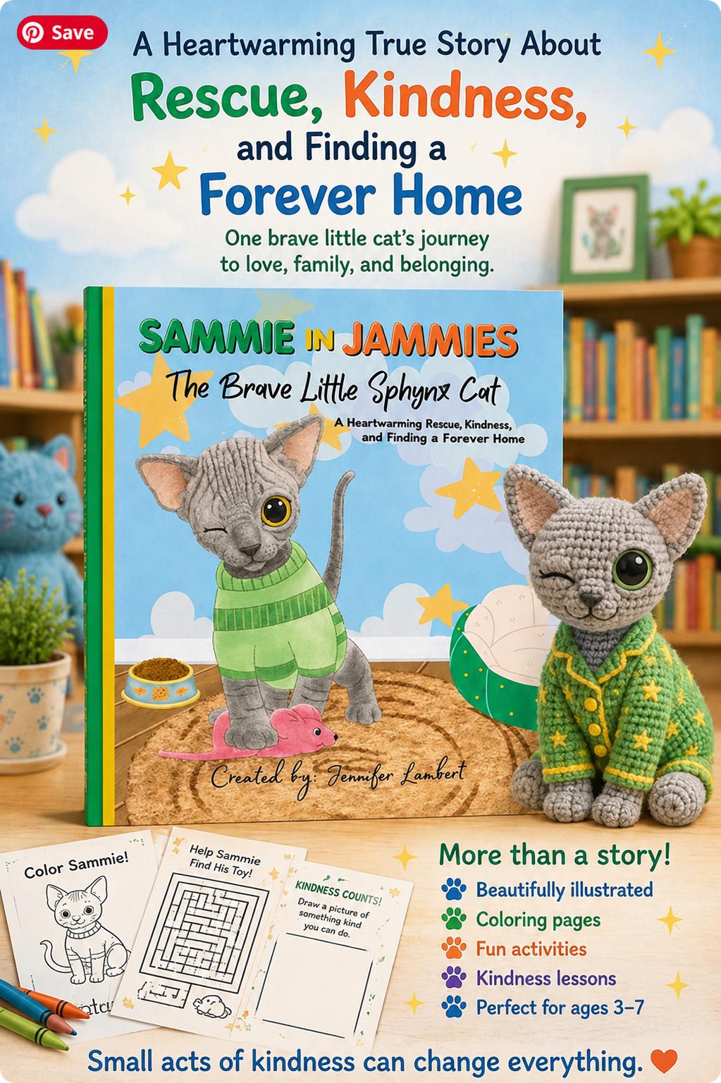 Sammie in Jammies The Brave Little Sphynx Cat, Signed Rescue Cat Book, Personalized Children’s Story Gift
