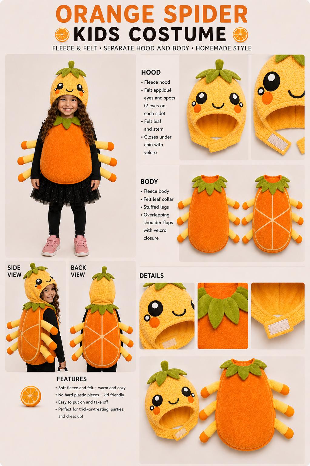 Orange Spider Costume for Kids, Cute Citrus Halloween Costume, Plush Orange Spider Outfit