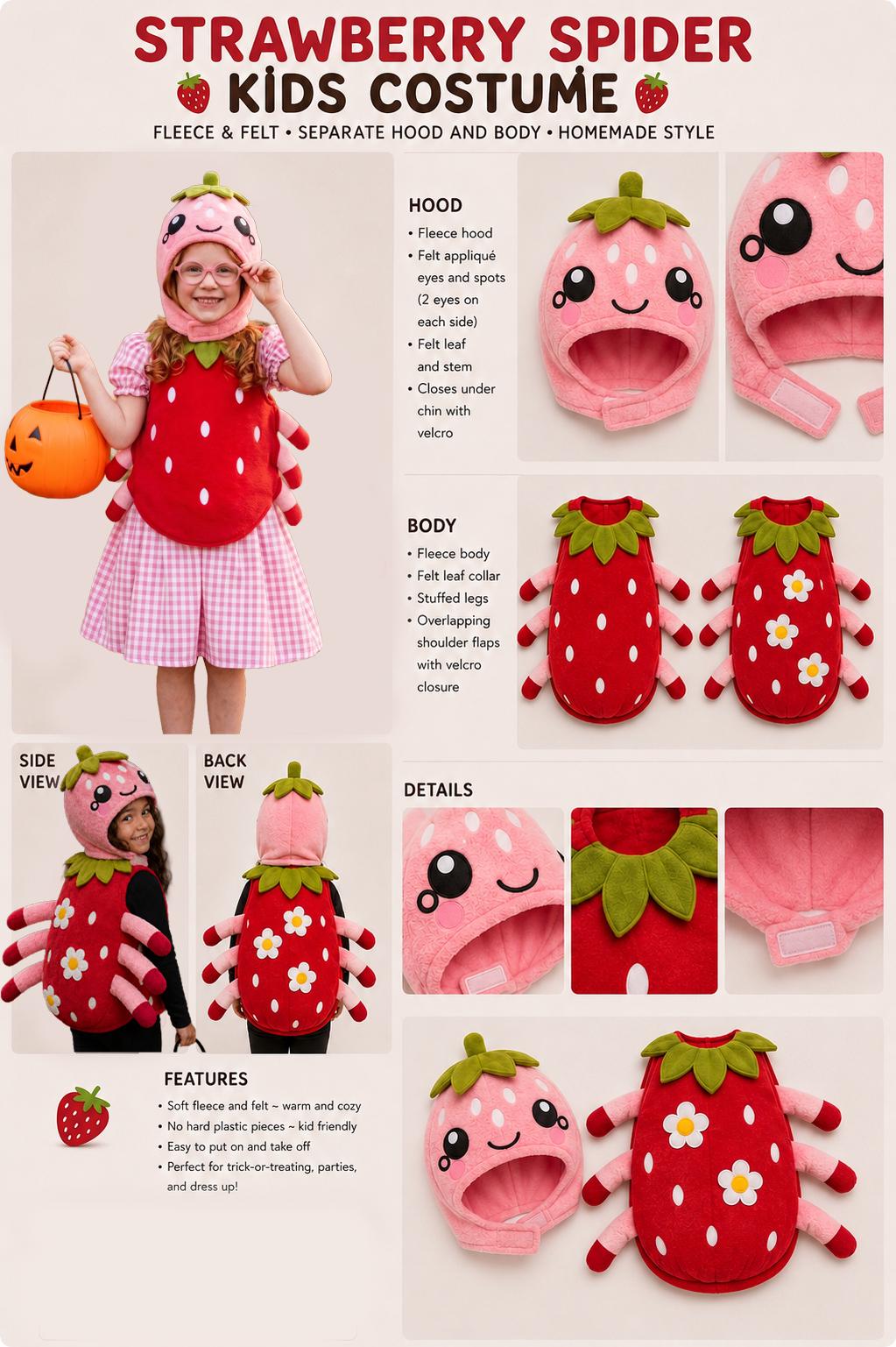 Strawberry Spider Costume for Kids, Cute Strawberry Halloween Costume, Plush Spider Outfit